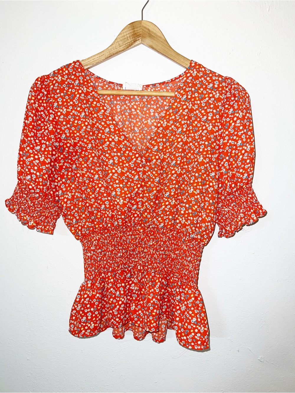 Sienna Sky Bright Orange Floral Smocked Peplum Short Sleeve Blouse